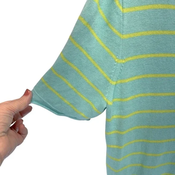 J.Crew Linen Blend Striped Sweater Top Sz M Green Yellow V-Neck Short Sleeve - Picture 2 of 9